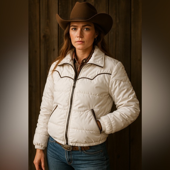 Vintage Karman Outerwear Western Down Coat/Jacket – Women’s Small –White & Brown - Picture 1 of 13